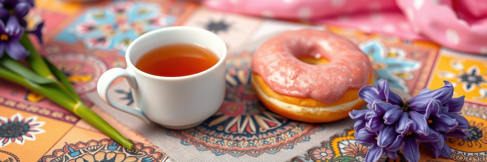Enjoying a tea break with a sweet donut and fresh flowers on a colorful tablecloth